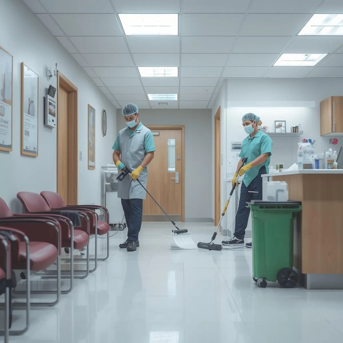 Professional cleaners disinfecting consultation rooms and waiting areas inside a modern medical clinic.