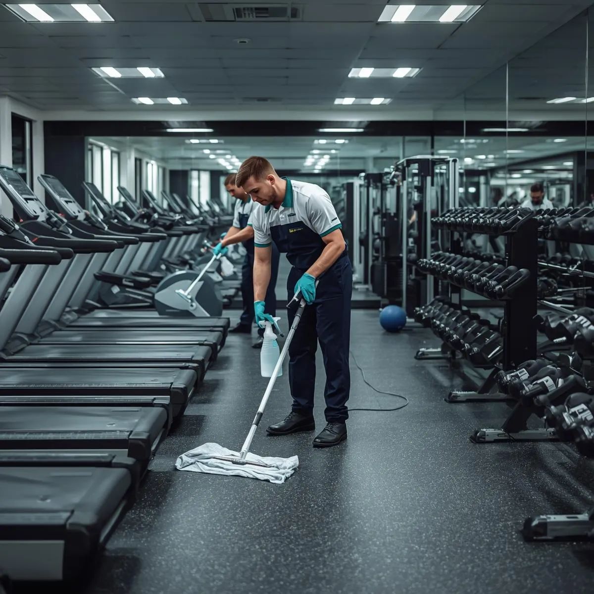 Cleaning staff disinfecting gym equipment, workout mats, and machines inside a modern fitness centre.