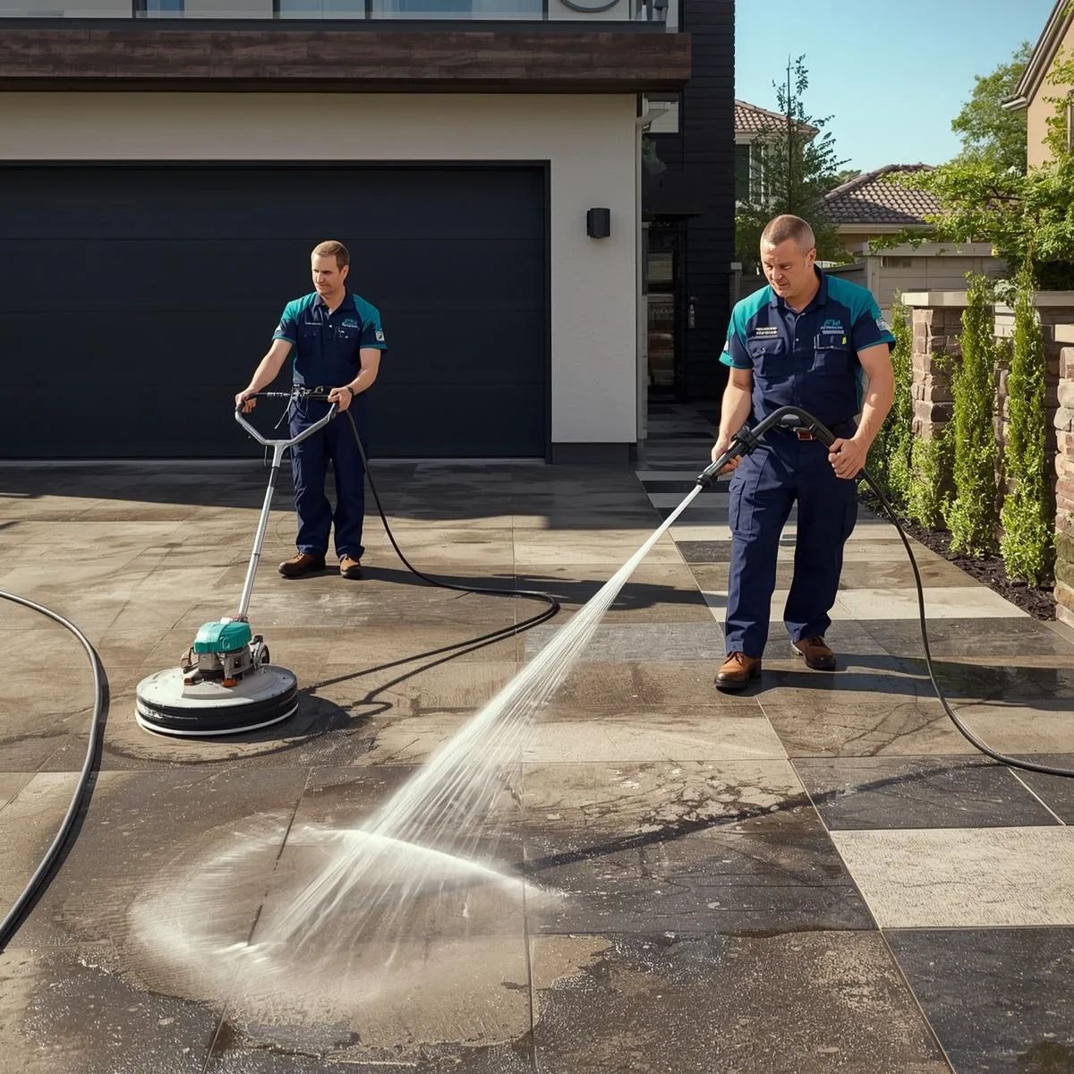 Technician using a high-pressure washer to clean a concrete driveway and outdoor paving.