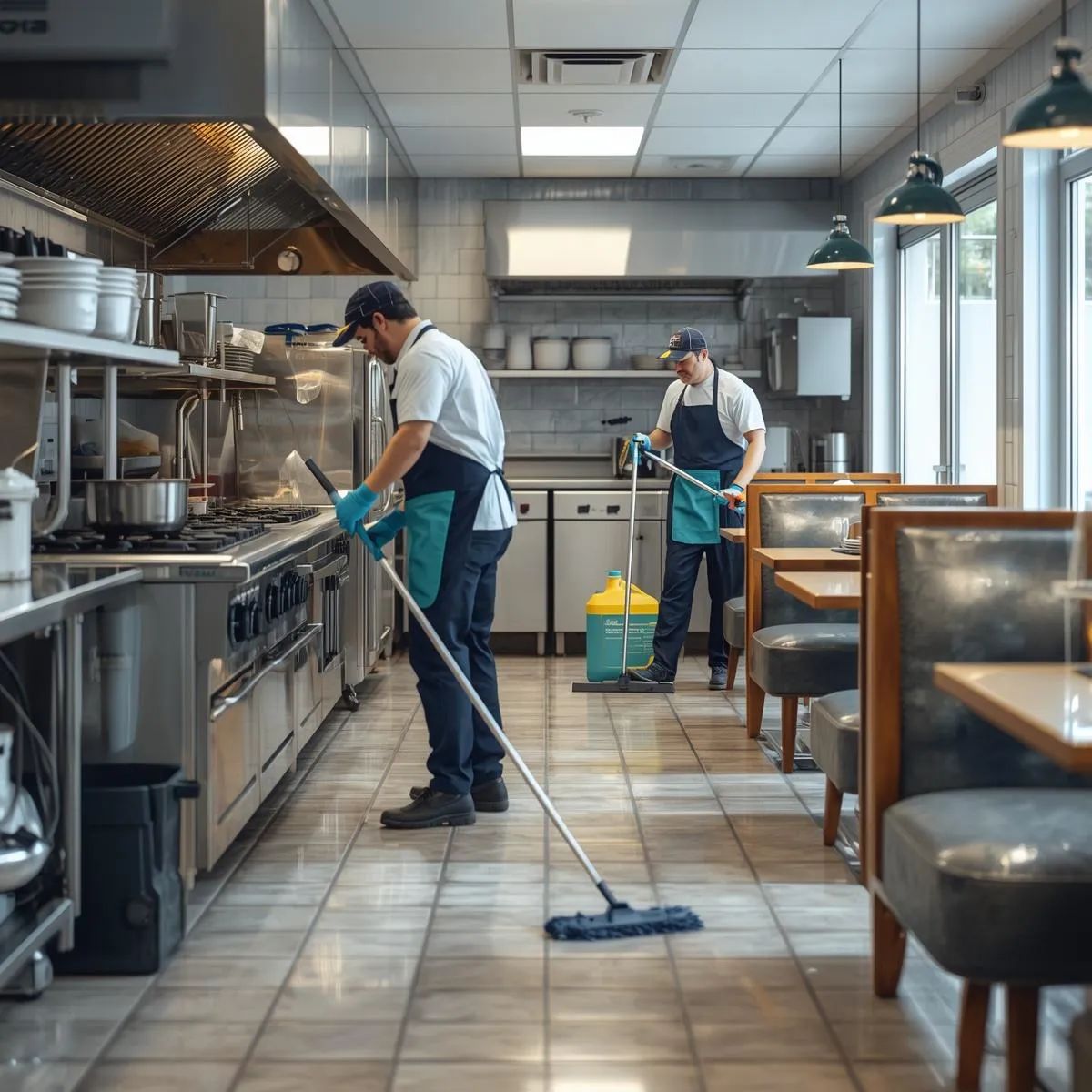 Cleaning staff degreasing kitchen equipment and sanitising surfaces inside a commercial restaurant.