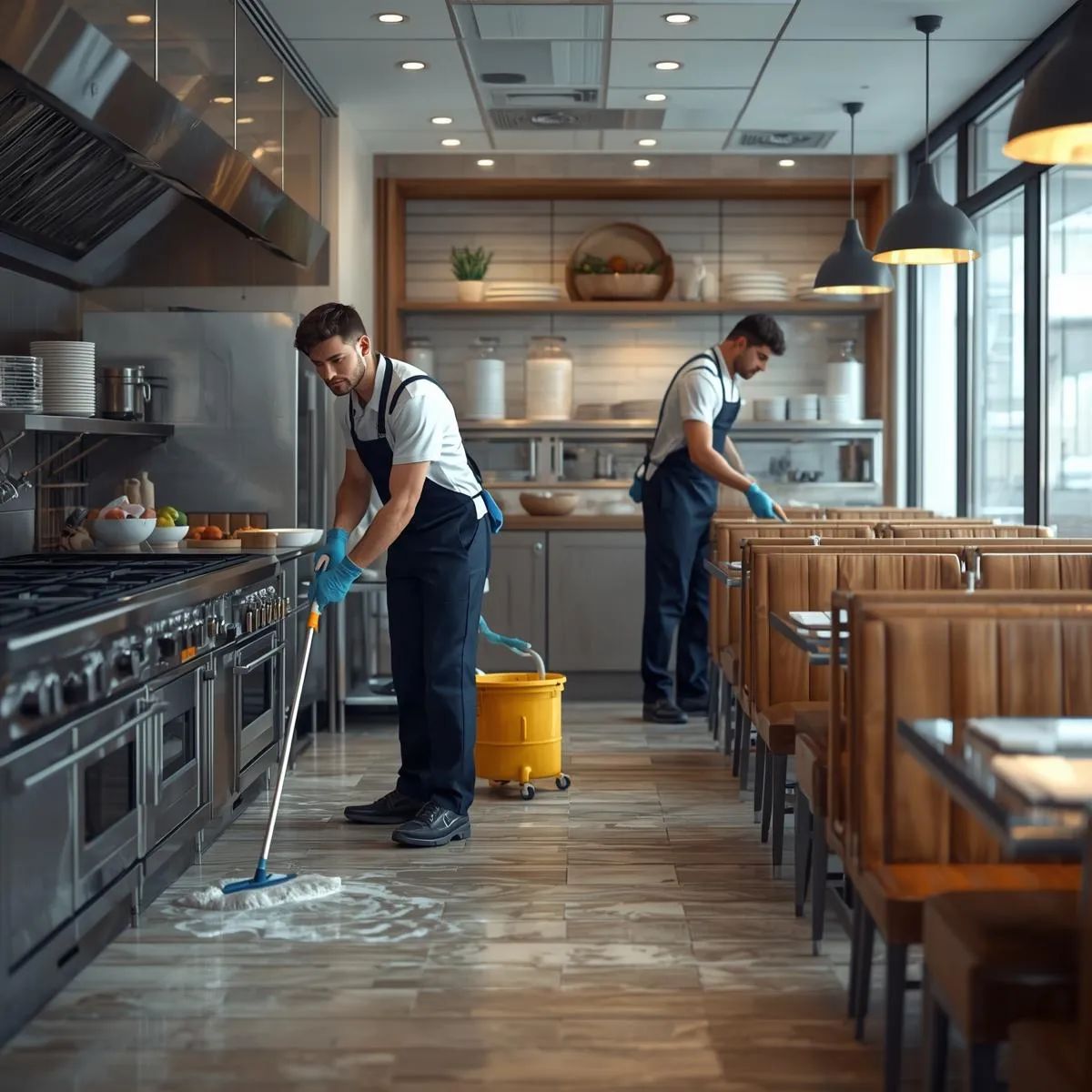 Cleaning staff sanitising a commercial kitchen and dining room inside a restaurant.
