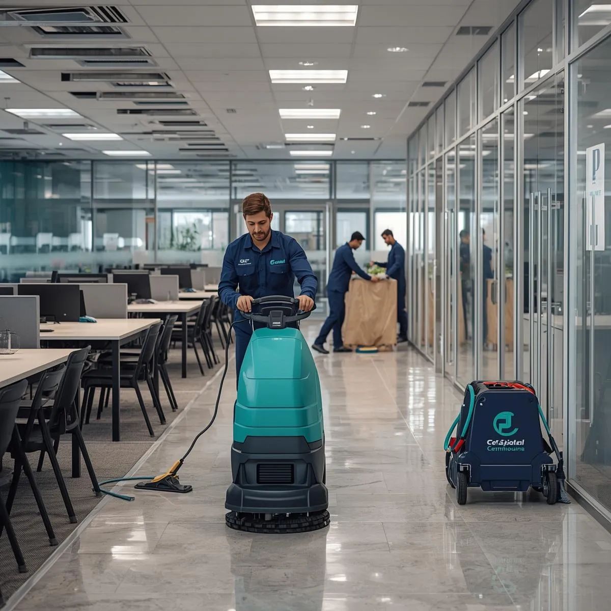 Cleaning staff sanitising desks, reception counters, and floors inside a modern office workspace.