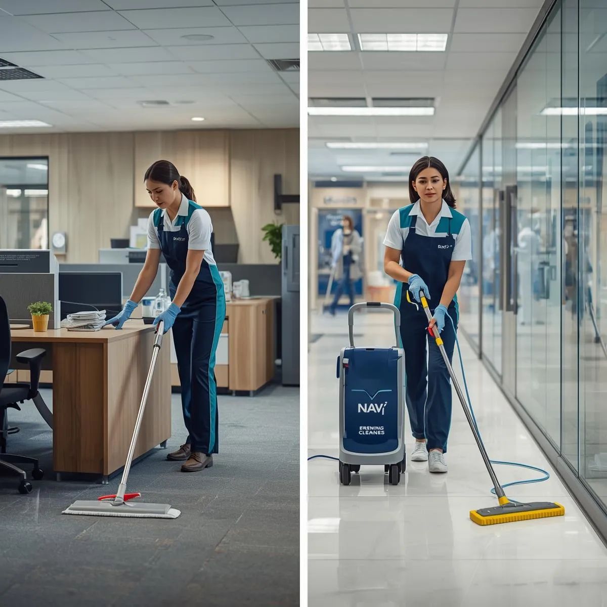 Commercial cleaning staff sanitising office desks, retail surfaces, and shared facility spaces.
