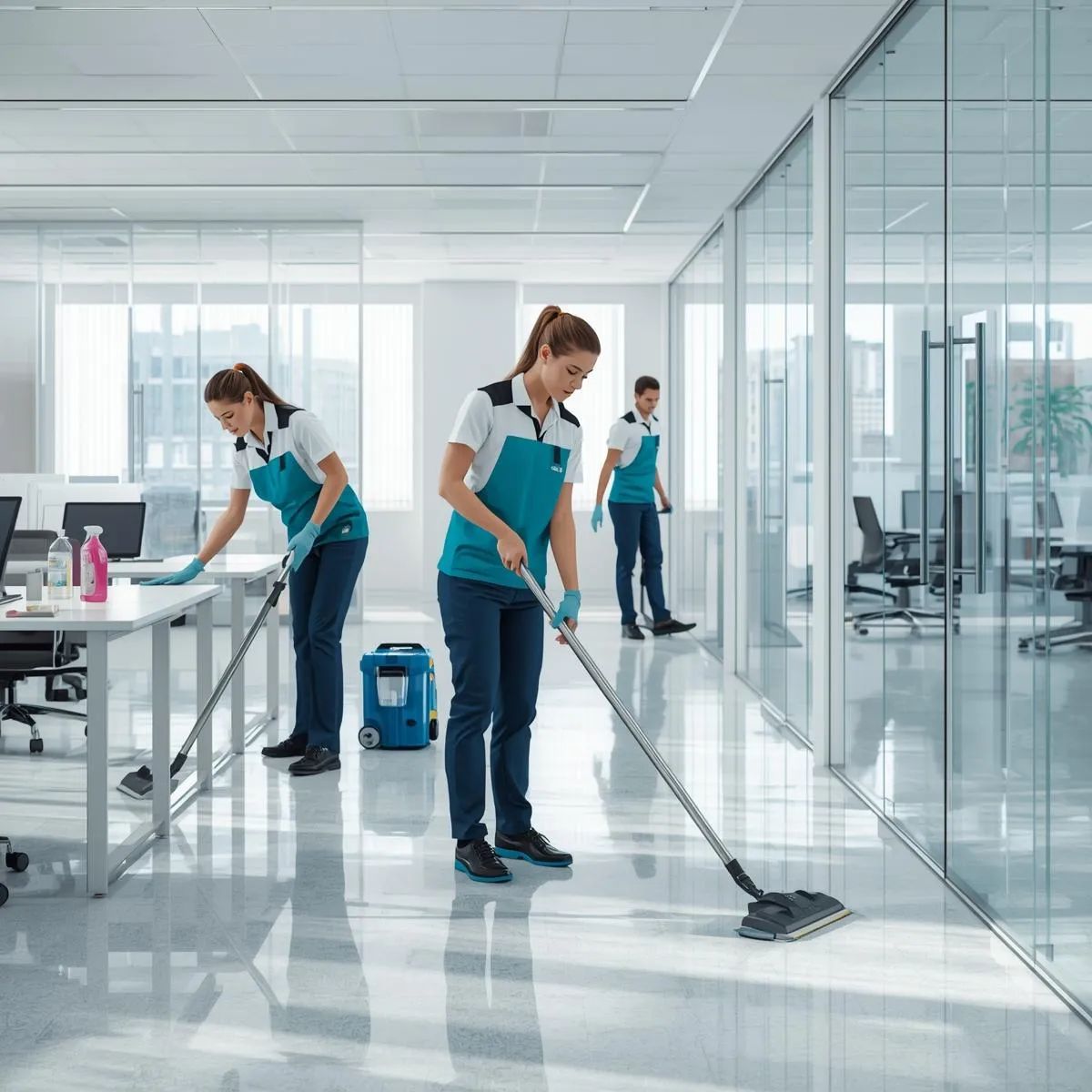Professional cleaners disinfecting desks and cleaning floors inside a modern office workplace.